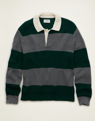 Мужские рубашки American Eagle AE Shaker Stitch Rugby Sweater Polo, цвет: Зелёный — фото 3