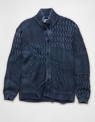 AE Button-Up Indigo Patchwork Sweater