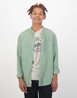 AE Band Collar Linen Button-Up Shirt