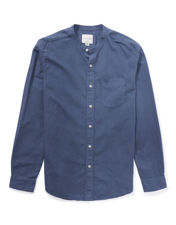 AE Band Collar Linen Button-Up Shirt