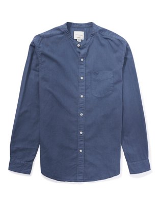 AE Camisa de lino con botones con cuello mao
