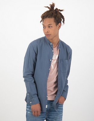 AE Band Collar Linen Button-Up Shirt