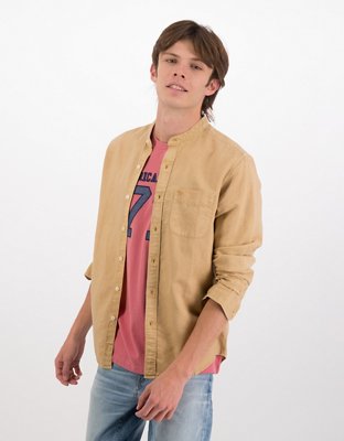 AE Band Collar Linen Button-Up Shirt