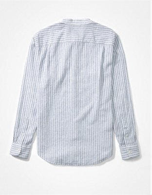 AE Band Collar Linen Striped Button-Up Shirt