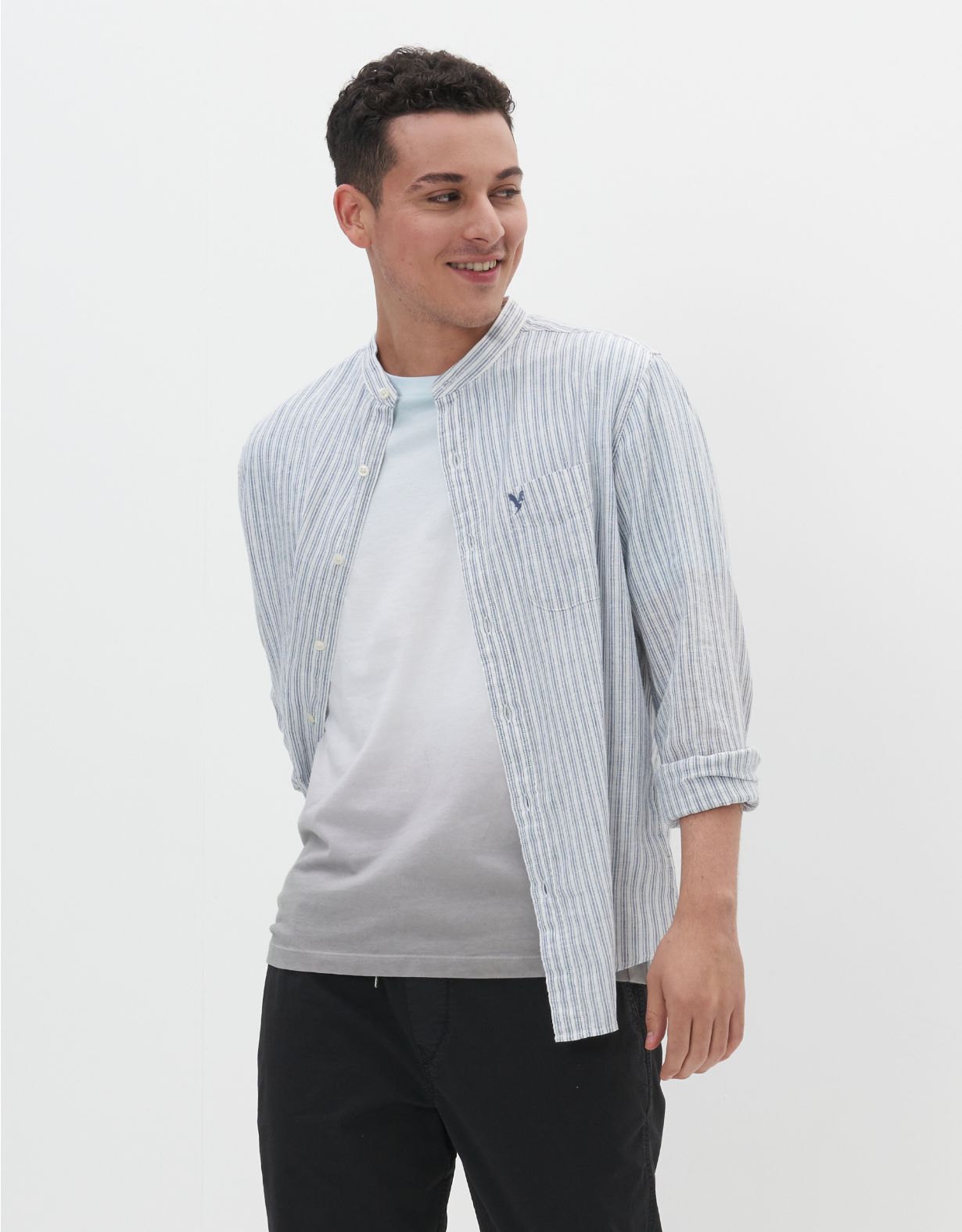 AE Band Collar Linen Striped Button-Up Shirt