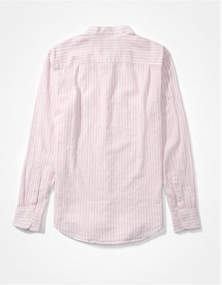 AE Band Collar Linen Striped Button-Up Shirt