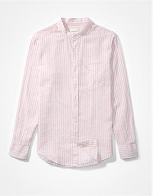 AE Band Collar Linen Striped Button-Up Shirt