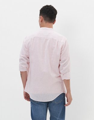 AE Band Collar Linen Striped Button-Up Shirt