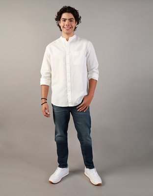 AE Camisa de Mezcla de Lino con Botones y Cuello Mao