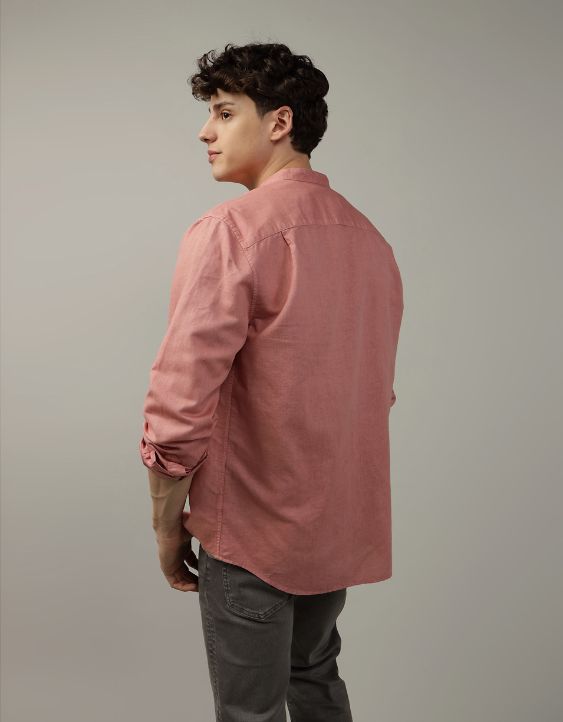 AE Band Collar Linen-Blend Button-Up Shirt