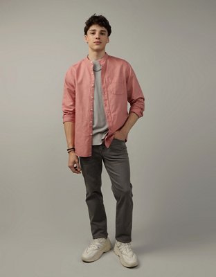 AE Band Collar Linen-Blend Button-Up Shirt