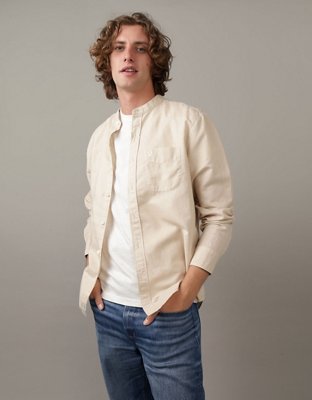 AE Band Collar Linen-Blend Button-Up Shirt