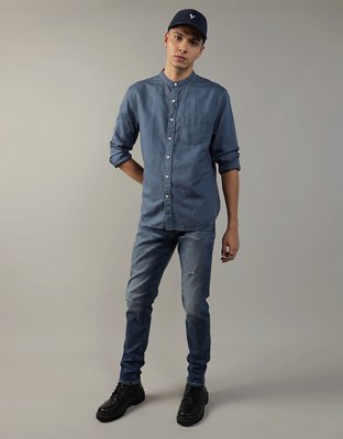 AE Band Collar Linen-Blend Button-Up Shirt