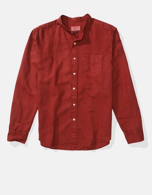 AE Band Collar Linen-Blend Button-Up Shirt