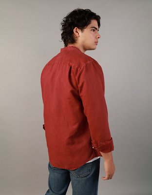 AE Band Collar Linen-Blend Button-Up Shirt