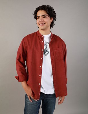 AE Band Collar Linen-Blend Button-Up Shirt