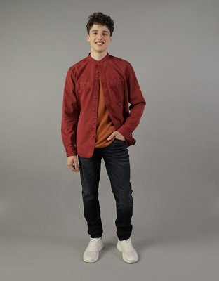 AE Band Collar Twill Button-Up Shirt