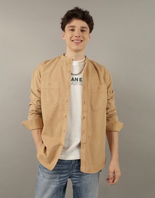 AE Band Collar Twill Button-Up Shirt