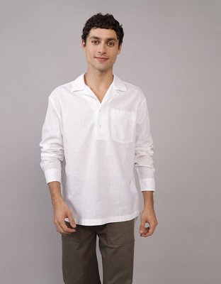 AE Long-Sleeve Linen-Blend Popover Shirt