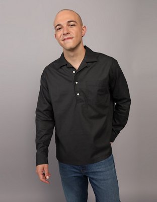 AE Long-Sleeve Linen-Blend Popover Shirt