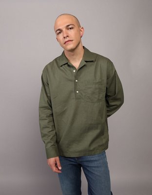 AE Long-Sleeve Linen-Blend Popover Shirt