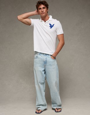 AE Standard Fit Exploded Logo Pique Polo Shirt | American Eagle
