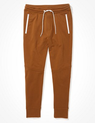 brown sweatpants and sweatshirts