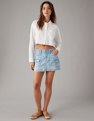 AE Stretch Low-Rise A-Line Denim Cargo Mini Skirt