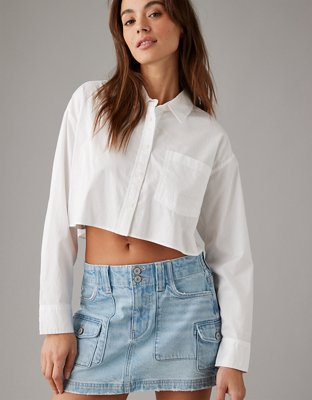 AE Stretch Low-Rise A-Line Denim Cargo Mini Skirt