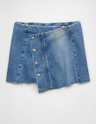 AE Stretch Asymmetric Low-Rise A-Line Denim Mini Skirt