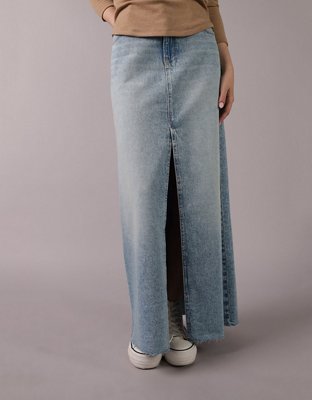 AE Dreamy Drape Low-Rise Denim Maxi Skirt