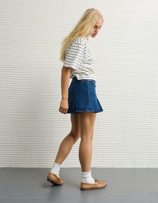 Minijupe trapèze plissée en denim extensible à taille basse AE