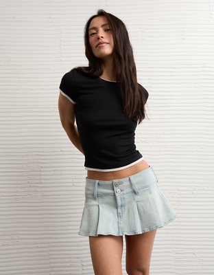 AE Stretch Super Low-Rise Perfect Pleated Denim Micro Skort