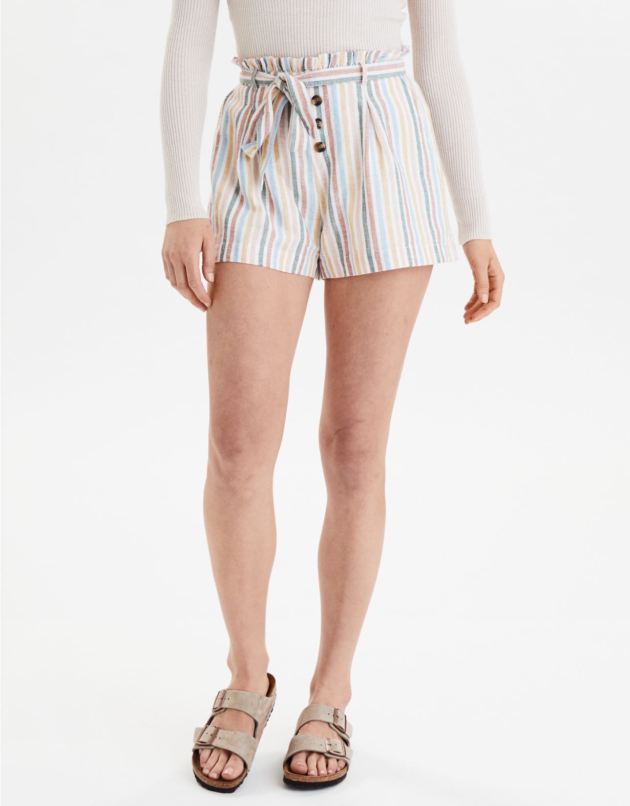 AE High-Waisted Striped Button Front Paperbag Short