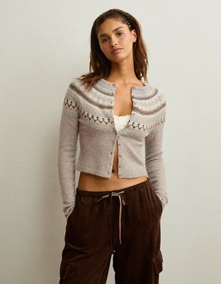 AE Whoa So Soft Shrunken Fairisle Cardigan Sweater