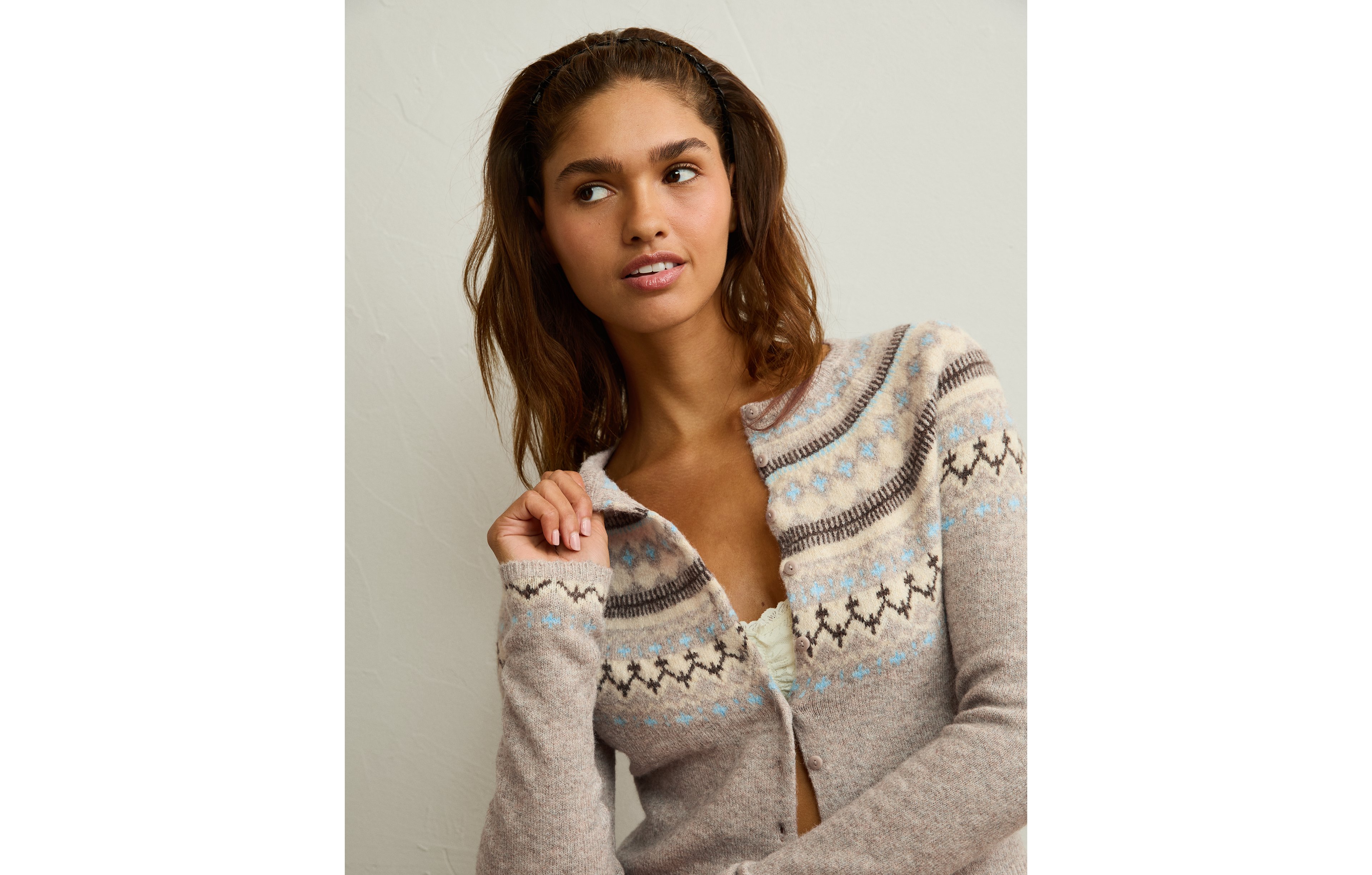 AE Whoa So Soft Shrunken Fairisle Cardigan Sweater