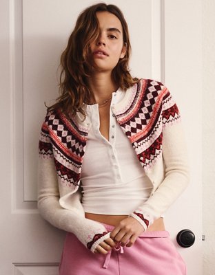 AE Whoa So Soft Shrunken Fairisle Cardigan Sweater