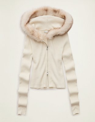 AE Faux Fur-Trim Zip-Up Sweater Hoodie Women's Chalk XS