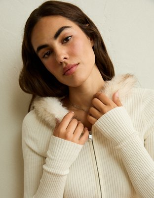 AE Faux Fur-Trim Zip-Up Sweater Hoodie