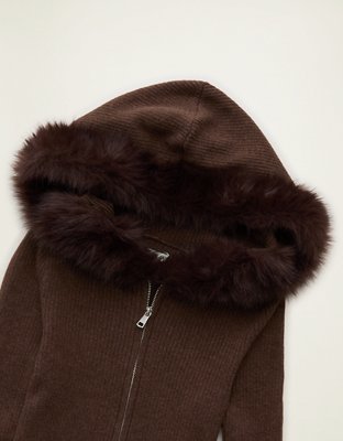 Женское худи American Eagle AE Faux Fur-Trim Zip-Up, цвет: Коричневый — фото 5