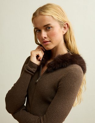 AE Faux Fur-Trim Zip-Up Sweater Hoodie