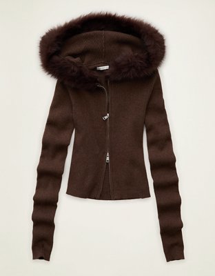 AE Faux Fur-Trim Zip-Up Sweater Hoodie