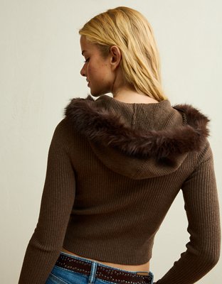 AE Faux Fur-Trim Zip-Up Sweater Hoodie