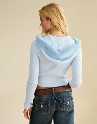 AE Faux Fur-Trim Zip-Up Sweater Hoodie
