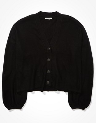 Image of AE Cropped Dreamspun Balloon Sleeve Cardigan Women's True Black XXS