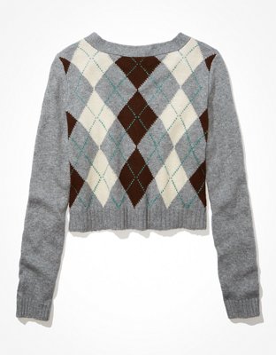 AE Cropped Argyle Button-Up Cardigan