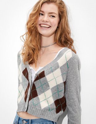 AE Cropped Argyle Button-Up Cardigan