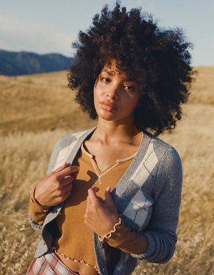 AE Cropped Argyle Button-Up Cardigan