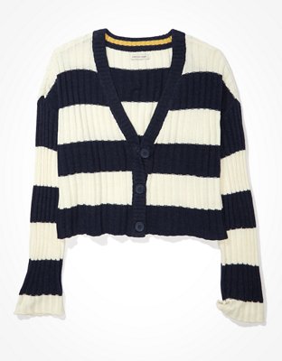 AE Striped Cropped Boxy Button-Up Cardigan