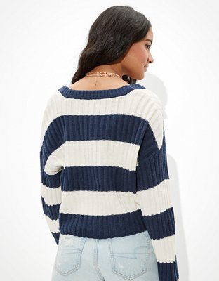 AE Striped Cropped Boxy Button-Up Cardigan